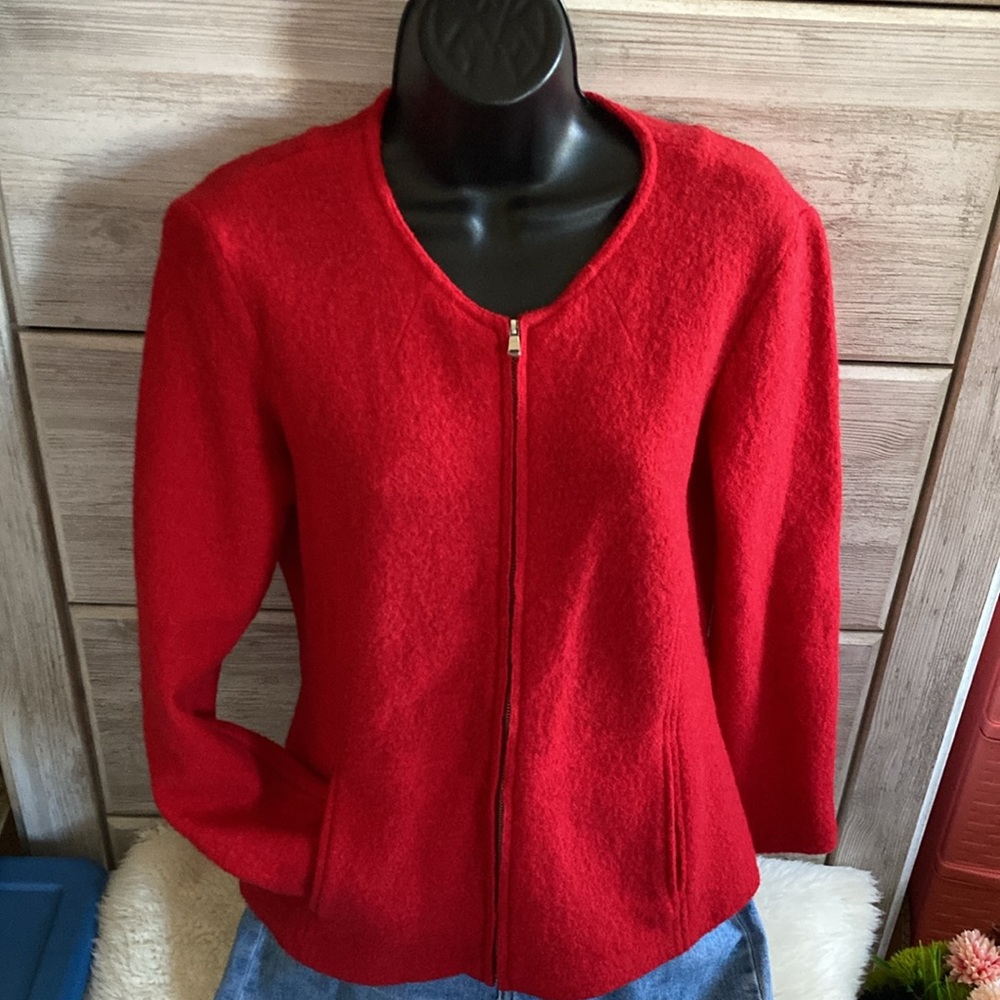 Jones New York Red Boiled Wool Zip Up Colarless Short Sweater Jacket MP